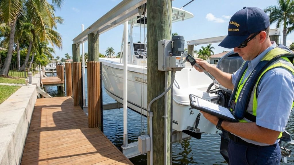 A professional is doing a boat lift inspection in Broward County