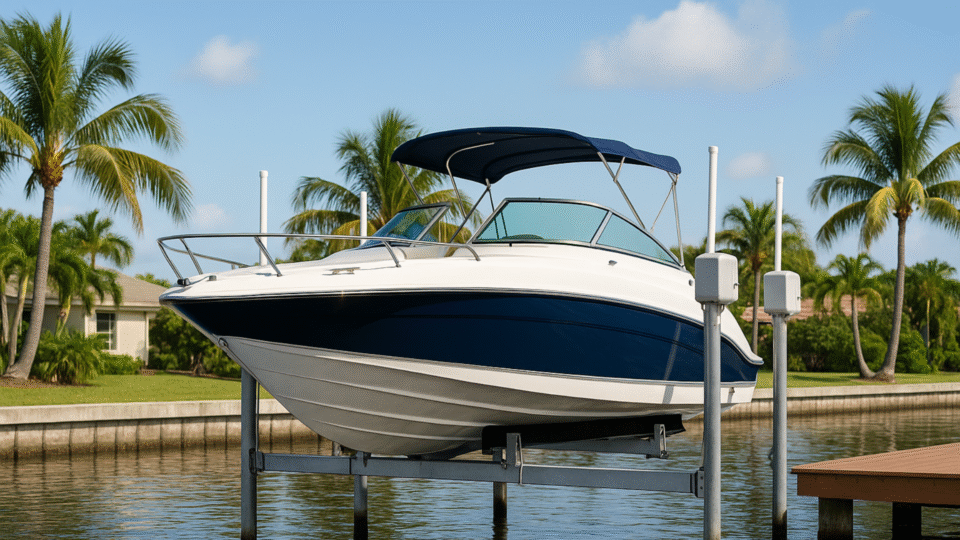 Modern beamless boat lift with independent motors lifting a boat, showcasing full overhead clearance.